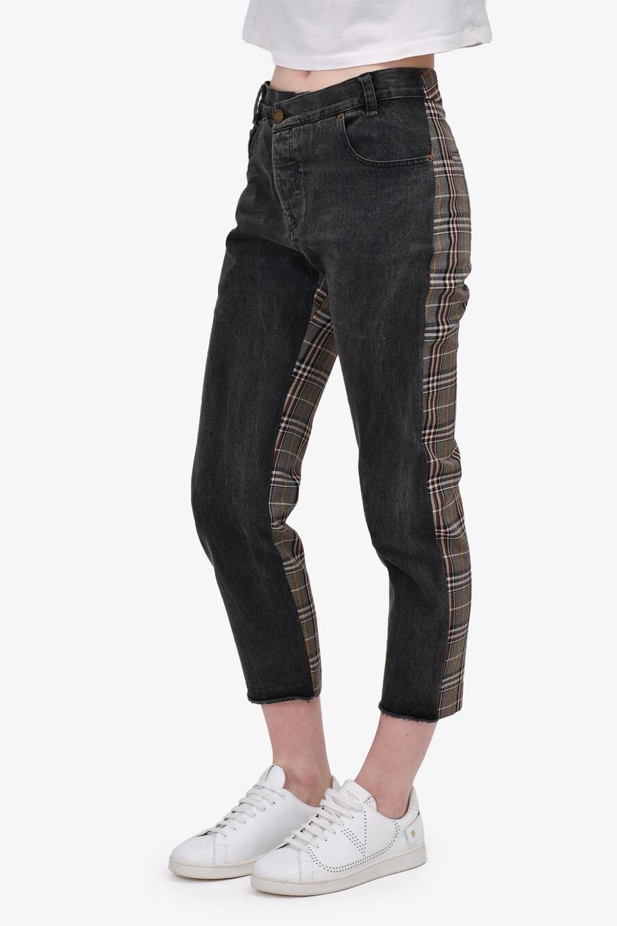 MONSE Deconstructed Layered Waistband Hybrid Grey Denim Plaid Trousers Size 4